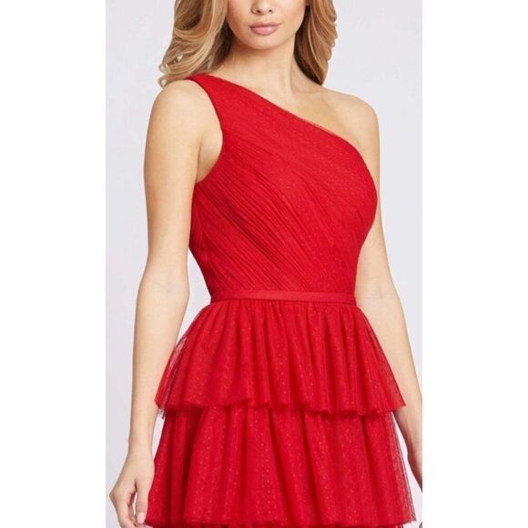 Mac Duggal One Shoulder Layered Tiered Tulle Gown Maxi Red NWT Size 16 - Picture 6 of 10